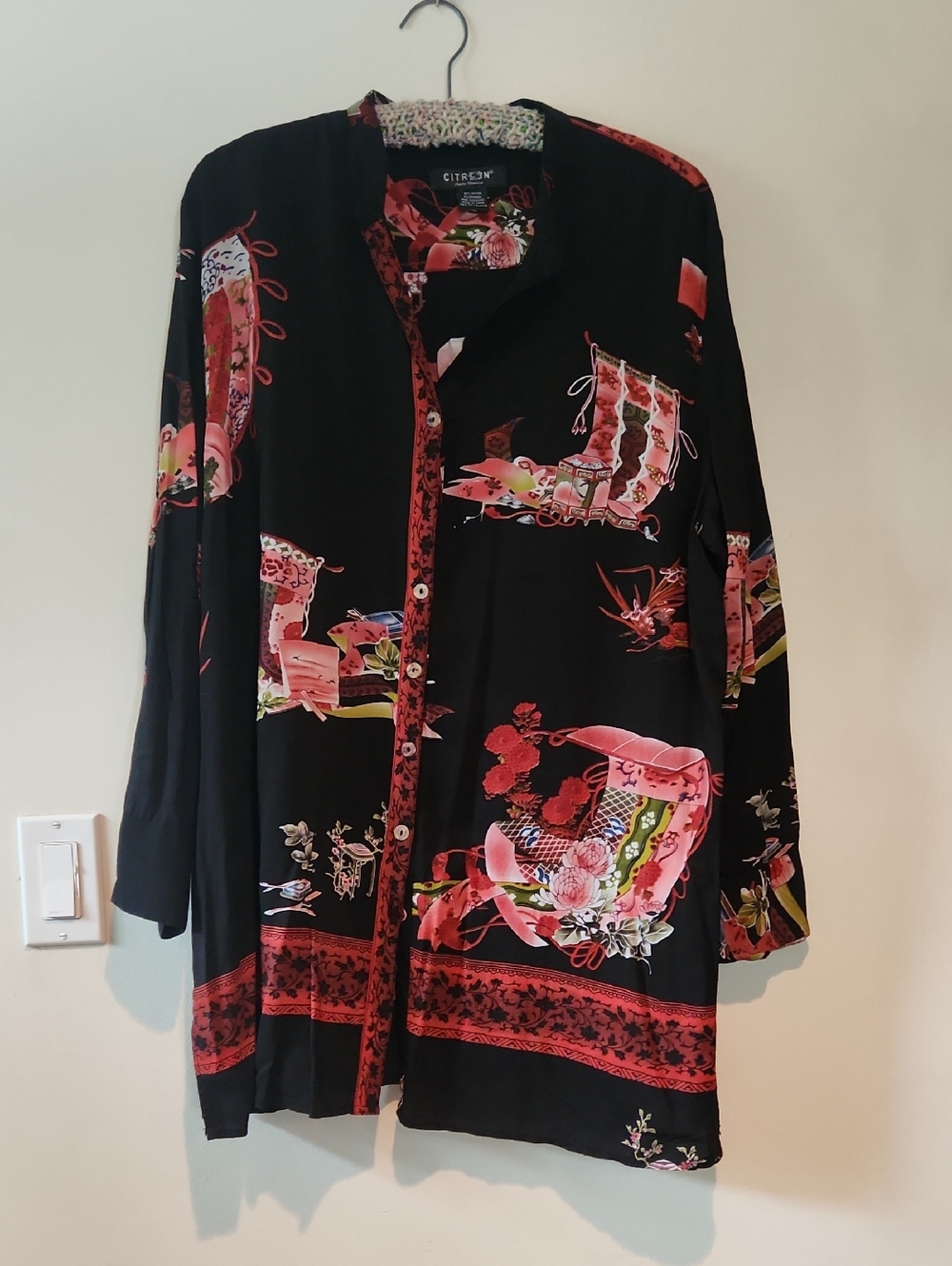Citron Black Blouse with Pink & Red Floral Print